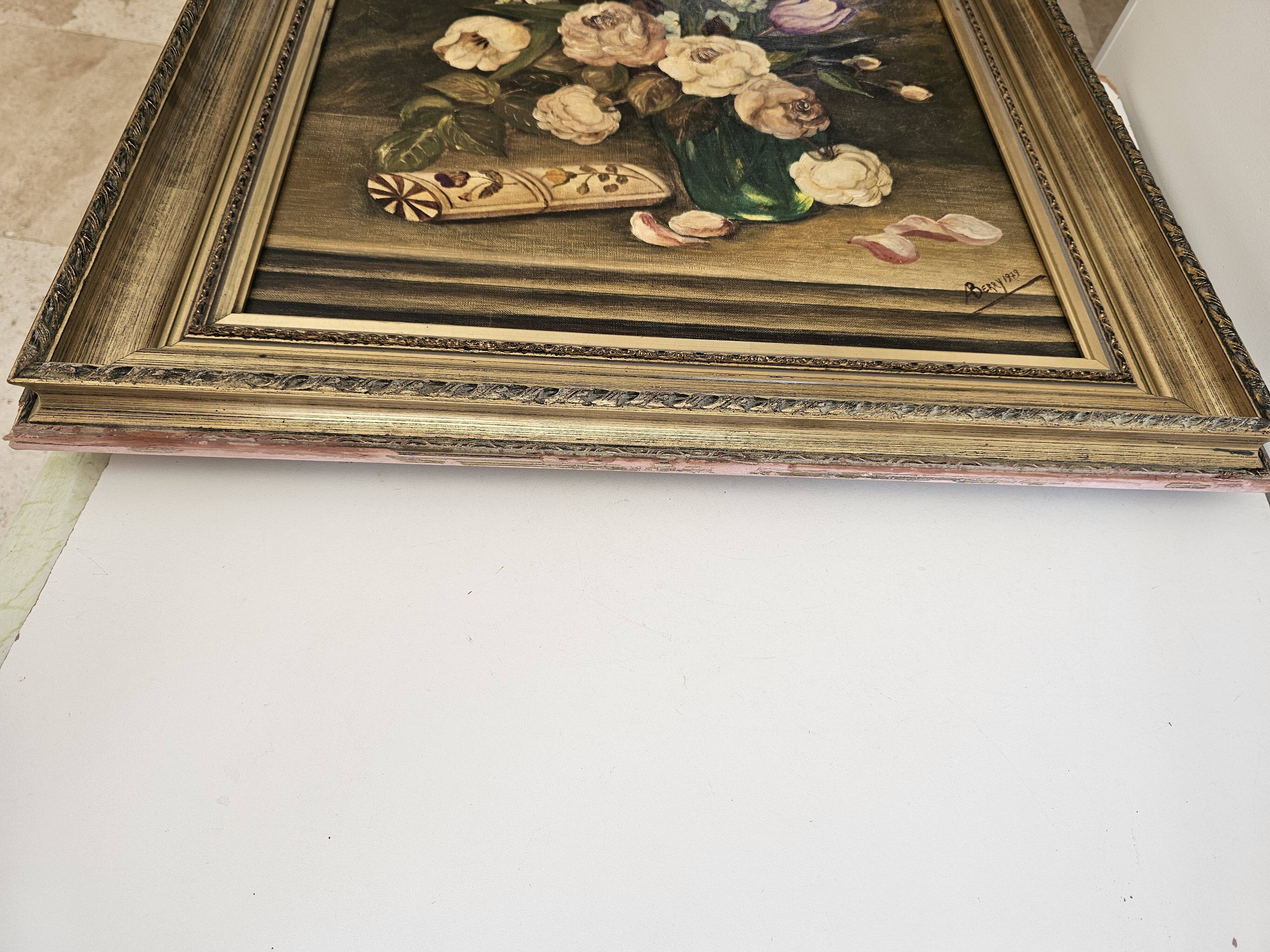 Oil on Canvas Table Old Bouquet with Glasses Case Signed Andrée Be