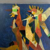 Oil on canvas by Jean Billecocq modern composition with roosters 1960