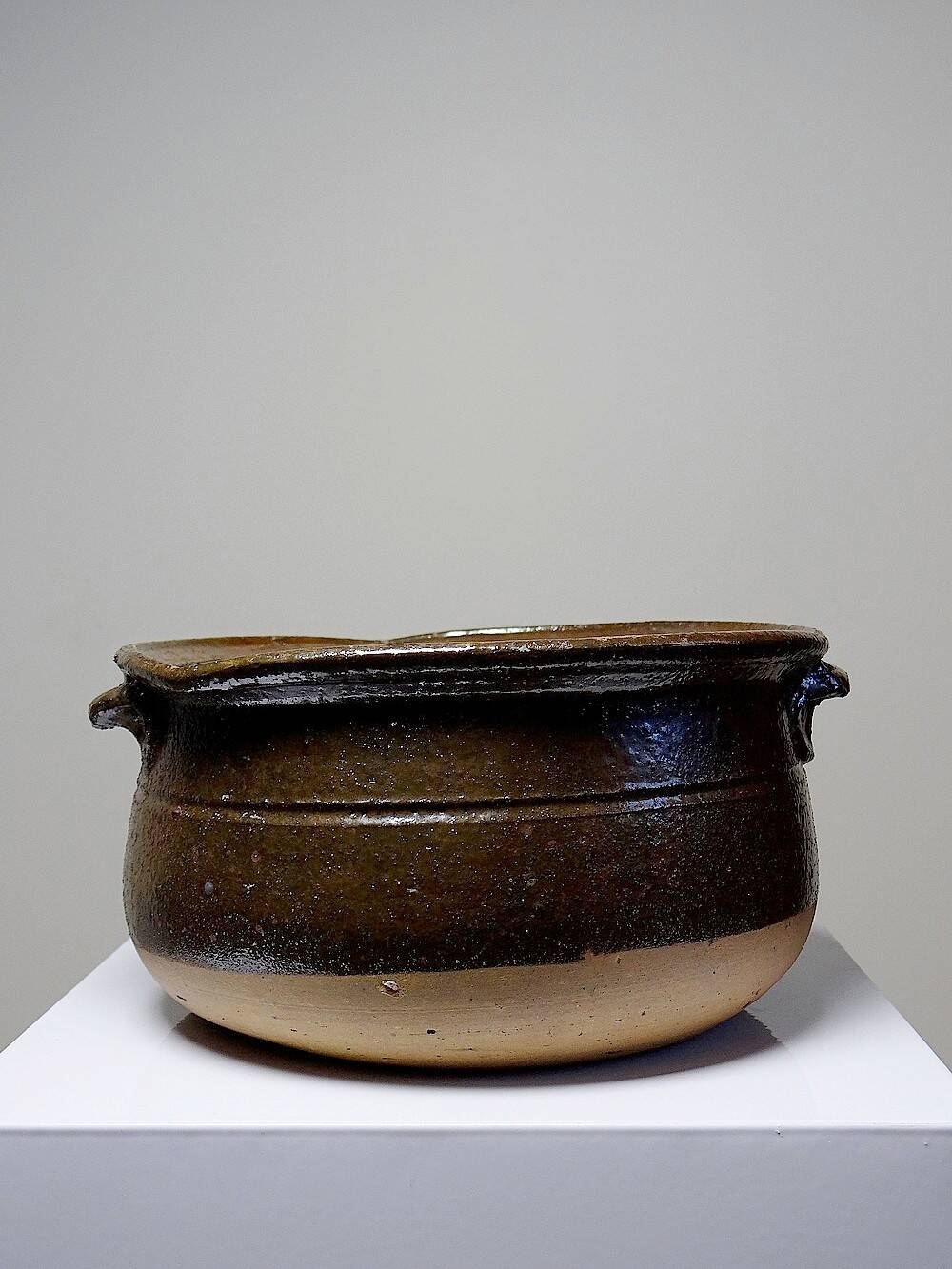 Antique 20th century enamelled Puisaye stoneware pot/bowl with ears