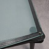 Modernist Dining Table with Black Metal Base and Glass Top, Belgium 1980s