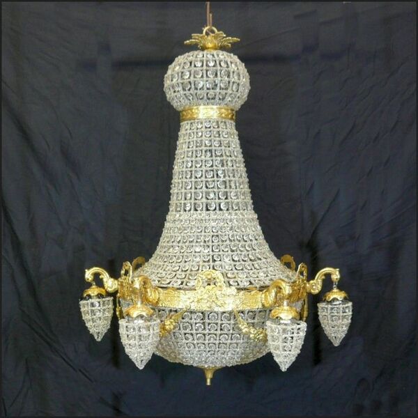 Lustre montgolfière empire en bronze et cristaux de verre