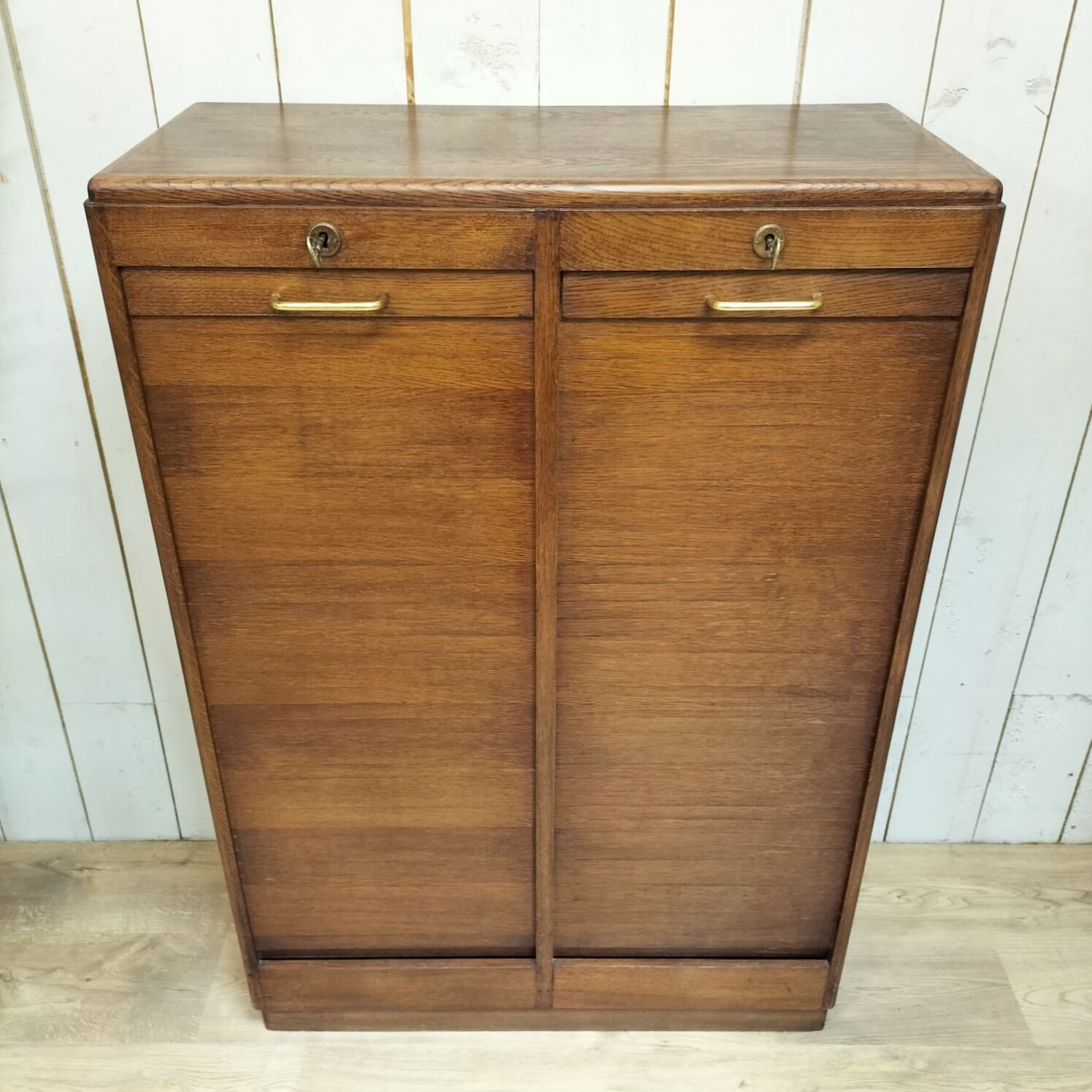 Renovated 1977 oak filing cabinet with double curtain