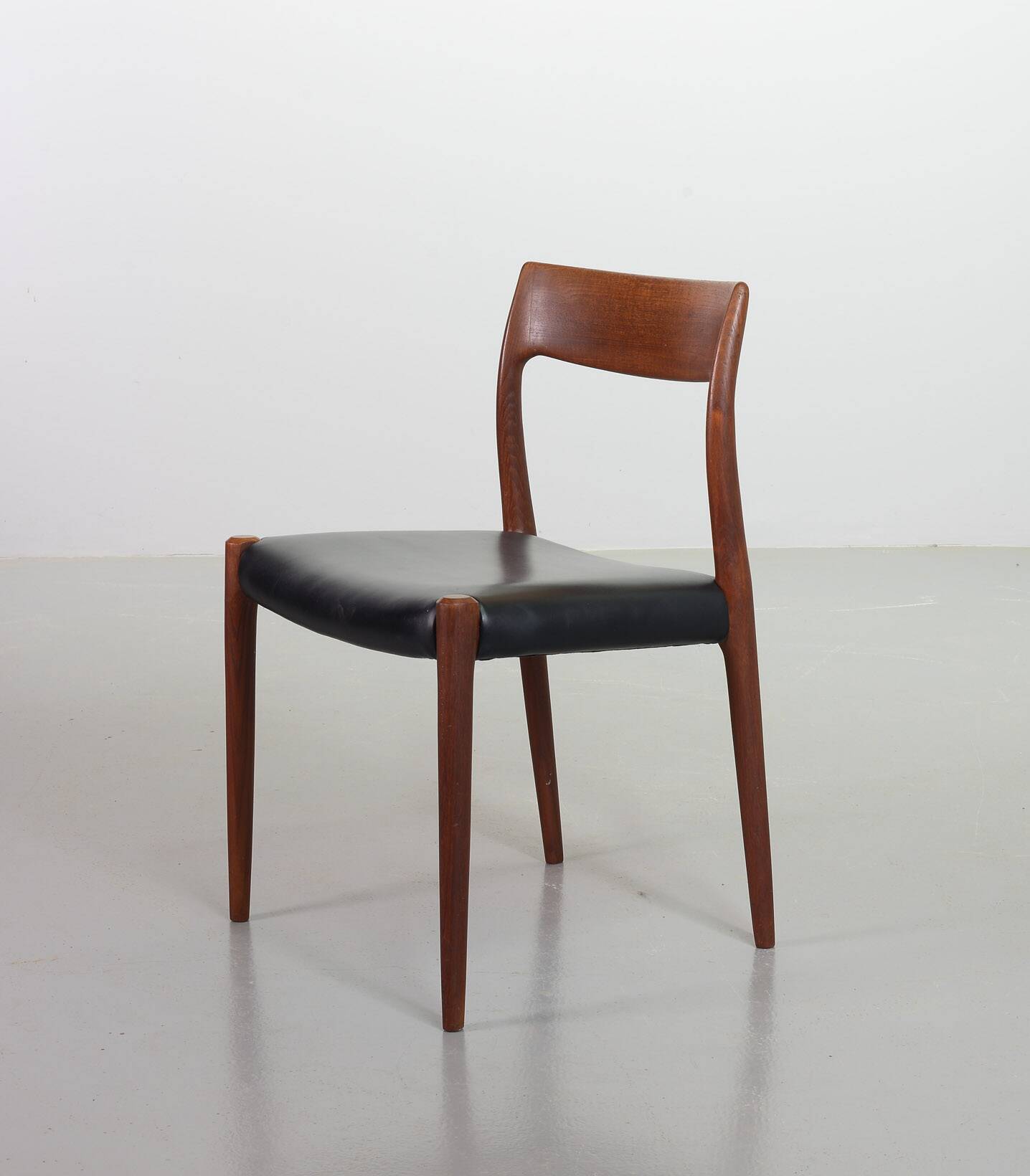 Niels Otto Moller Teak Wooden with Black Leather Dining Chairs, Model 77