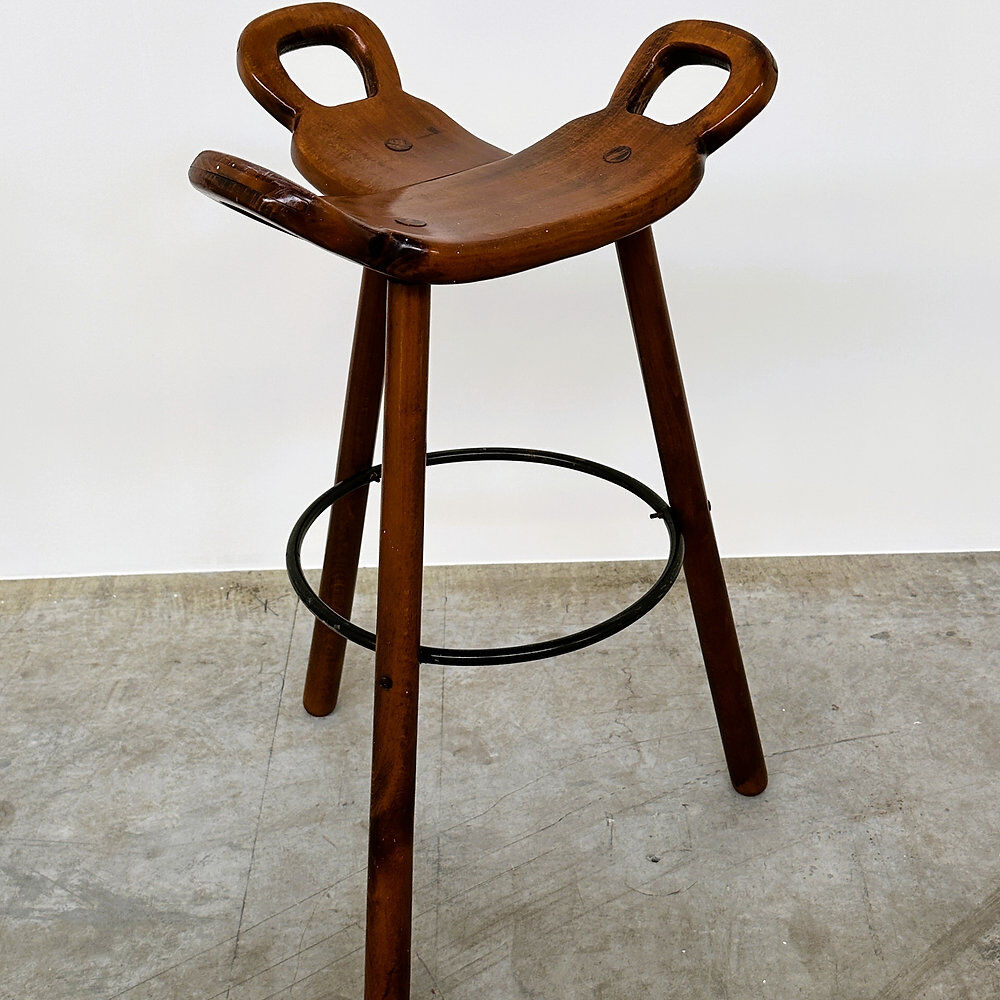 Vintage Sergio Rodrigues style bar stool, solid wood saddle stool, Brazilian modern