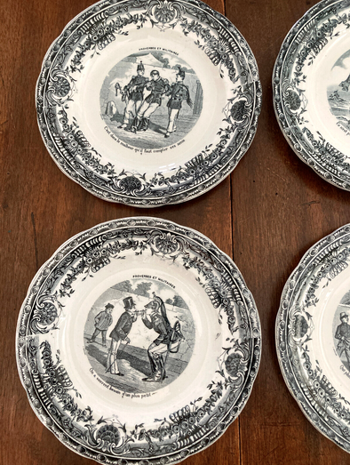 Servide 6 old dessert plates - proverbs and military - porcelain of gien