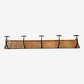 Coat rack 6 wicker and metal hooks 1960