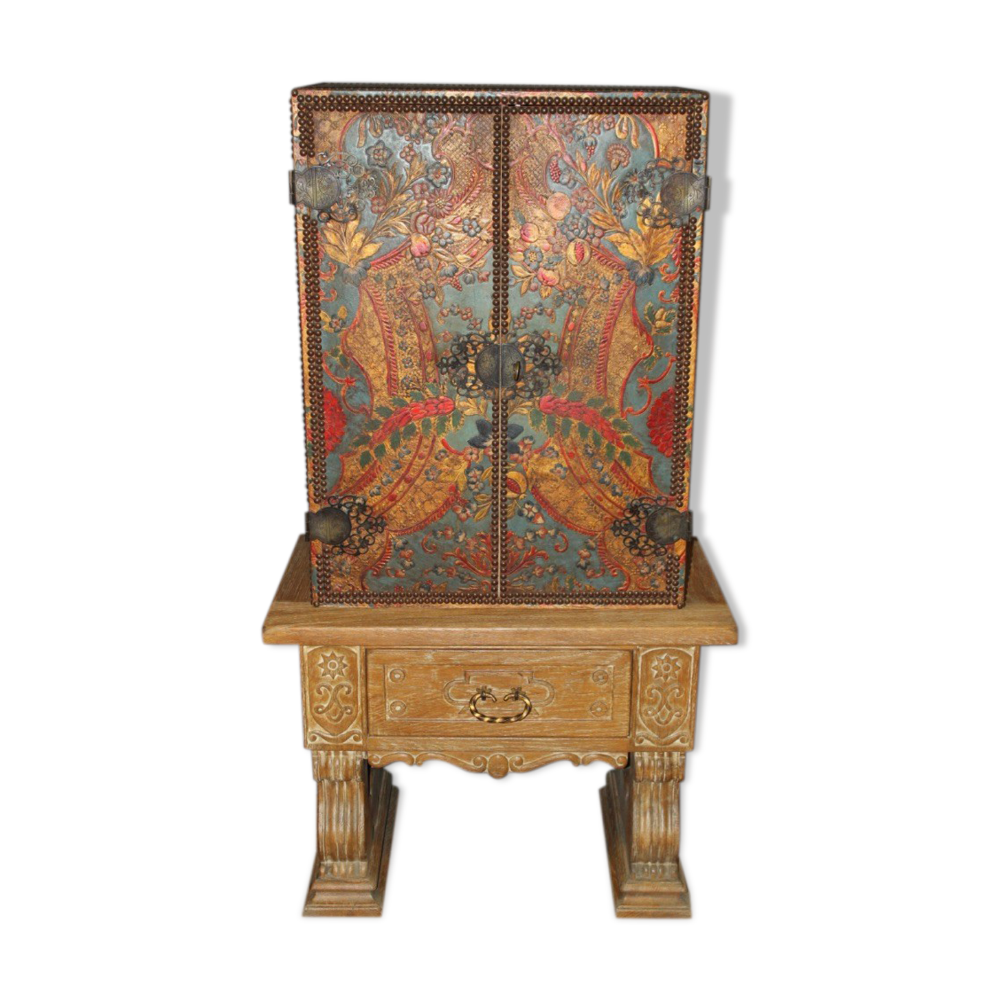 Neoclassical Art Deco cabinet in leather and oak