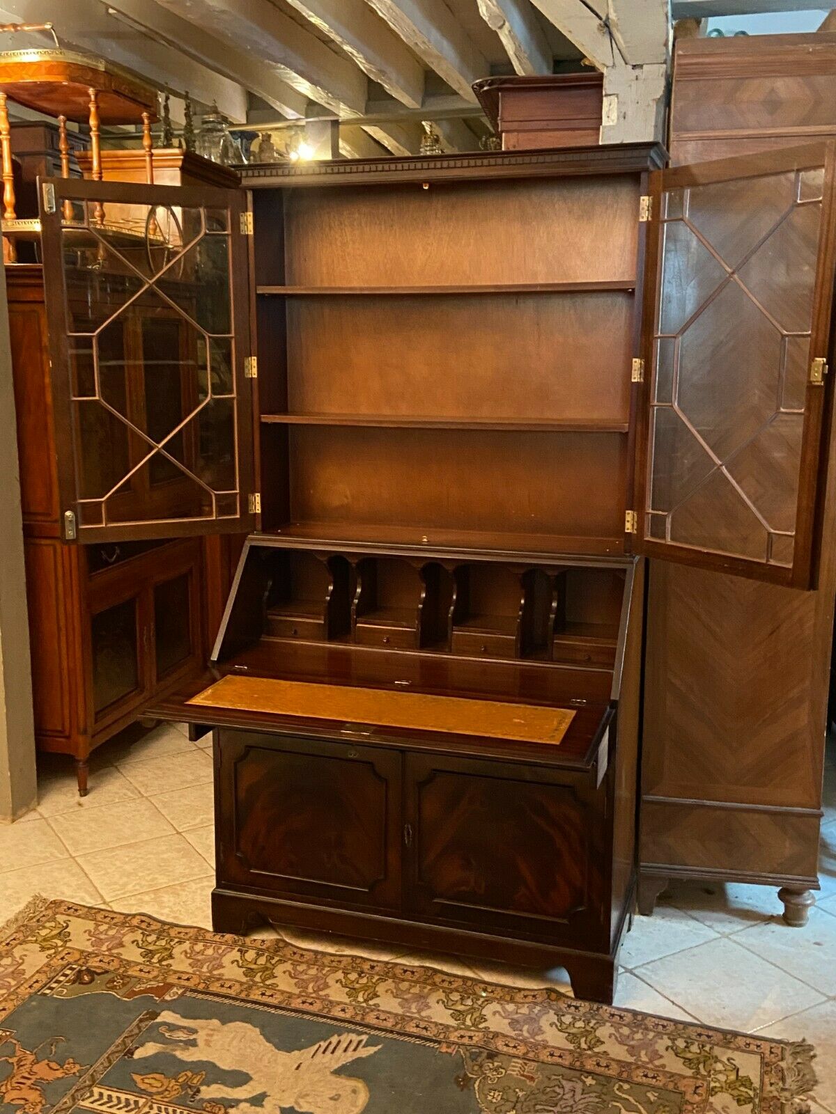 English Scriban two body secretary office showcase library in mahogany