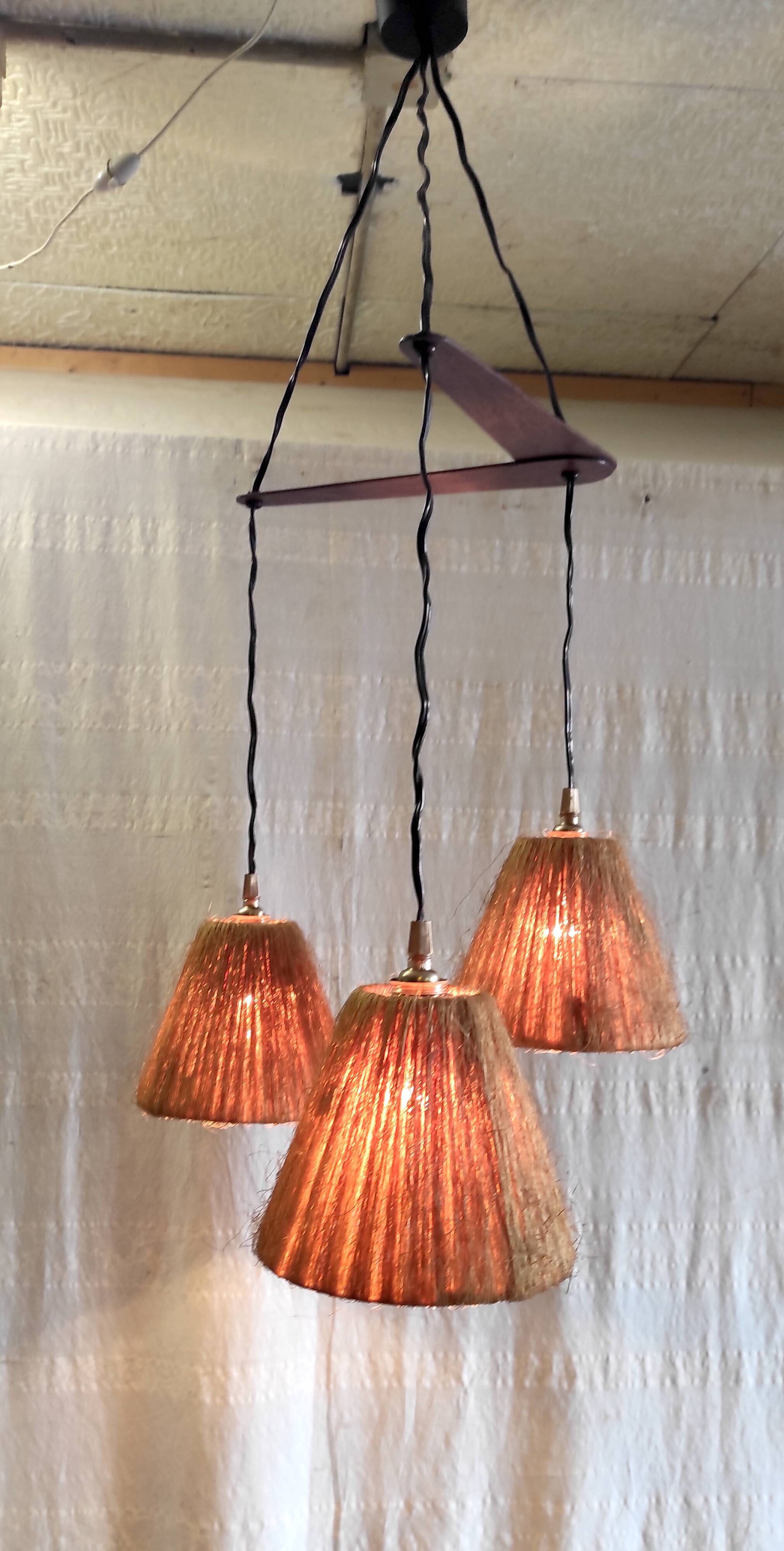 Scandinavian style three-light pendant in teak and sisal - 1960s/70s