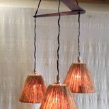 Scandinavian style three-light pendant in teak and sisal - 1960s/70s