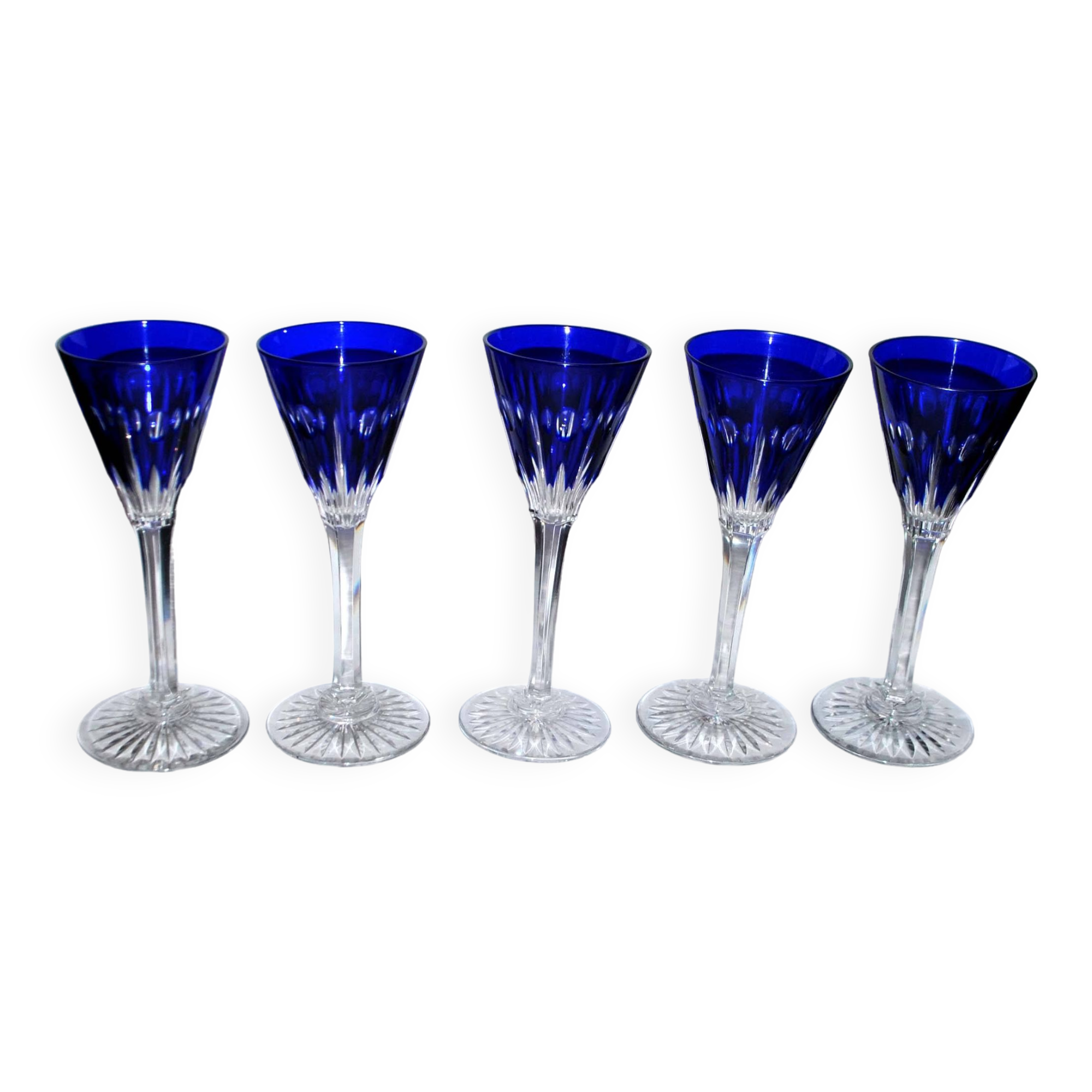 Set of 5 Roemers Nelly glasses in cut crystal from Saint-Louis, cobalt blue color, 1930