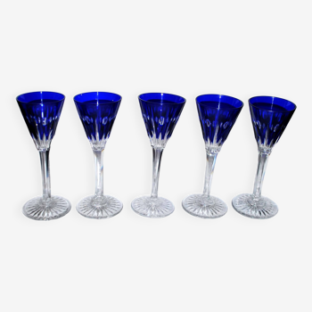 Set of 5 Roemers Nelly glasses in cut crystal from Saint-Louis, cobalt blue color, 1930