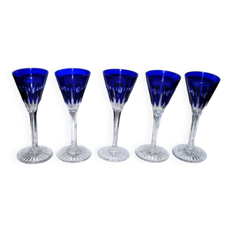Lot de 5 verres Roemers Nelly en cristal taillé de Saint-Louis couleur bleu cobalt 1930