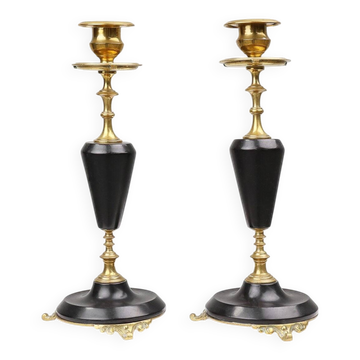 Empire Style Bronze and Ceramic Candlesticks, France, 1870s, Set of 2