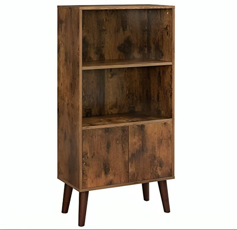Mid-Century Modern Bookcase with Doors and Storage Cabinet, Rustic Brown