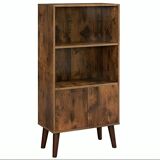 Mid-Century Modern Bookcase with Doors and Storage Cabinet, Rustic Brown