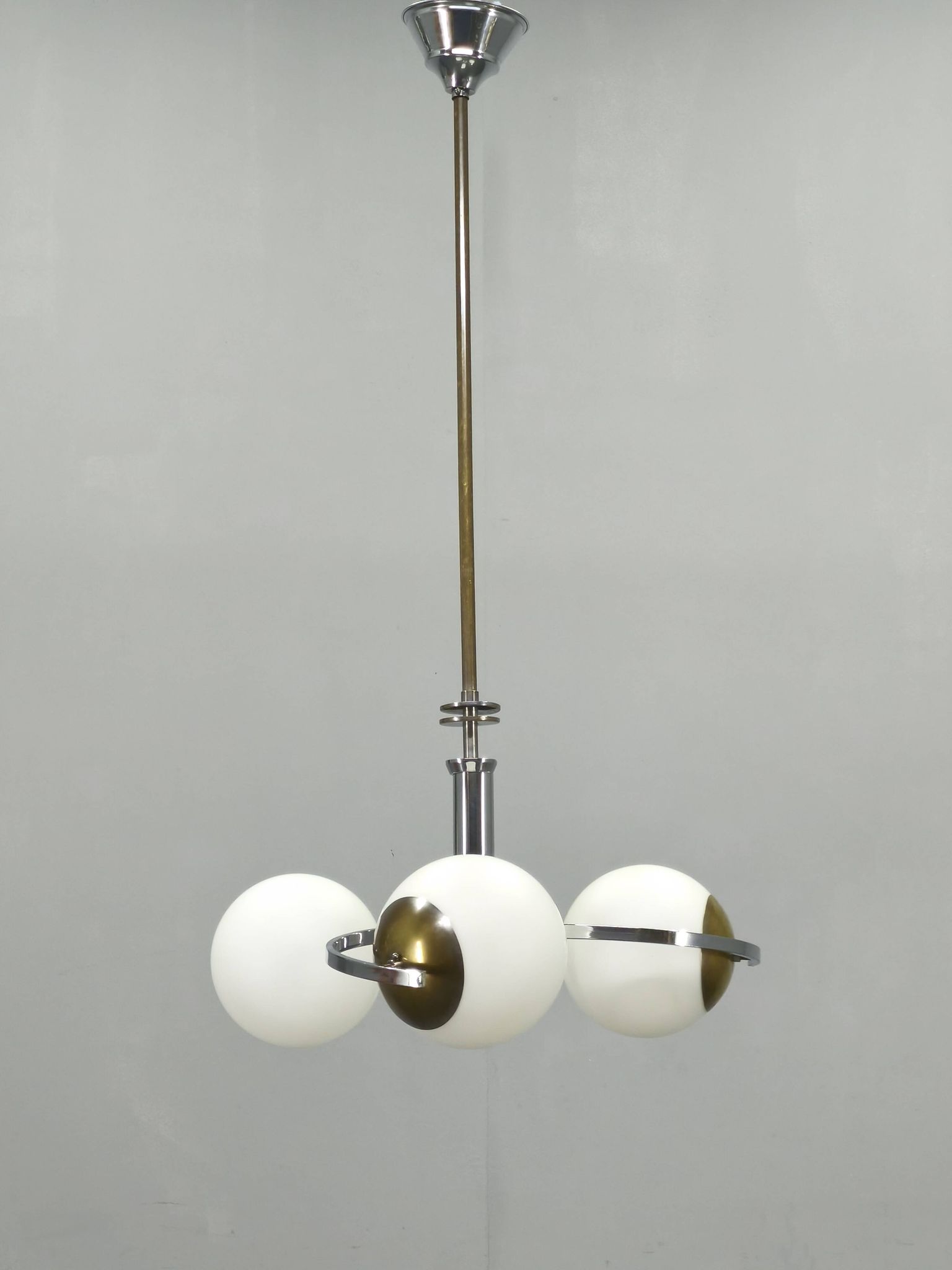 Czech Art Deco Chrome and Opaline Glass Chandelier, 1930s