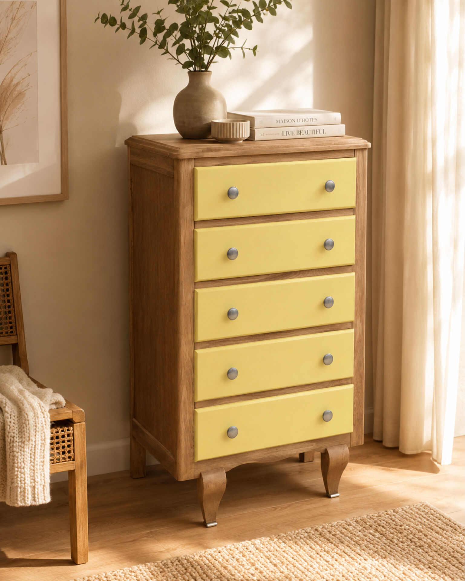 Chiffonnier art déco chêne brut et jaune