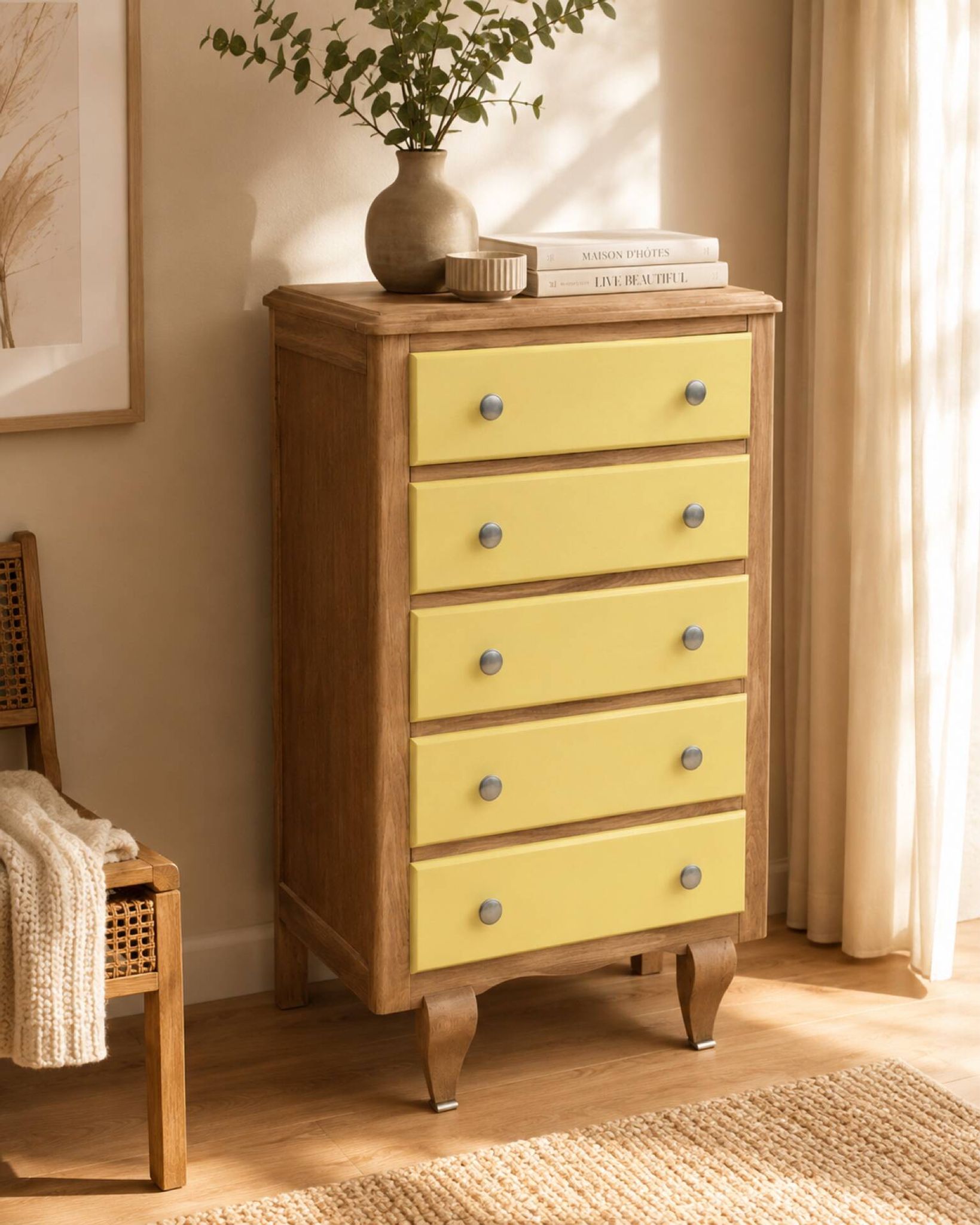 Art Deco chest of drawers in raw oak and yellow