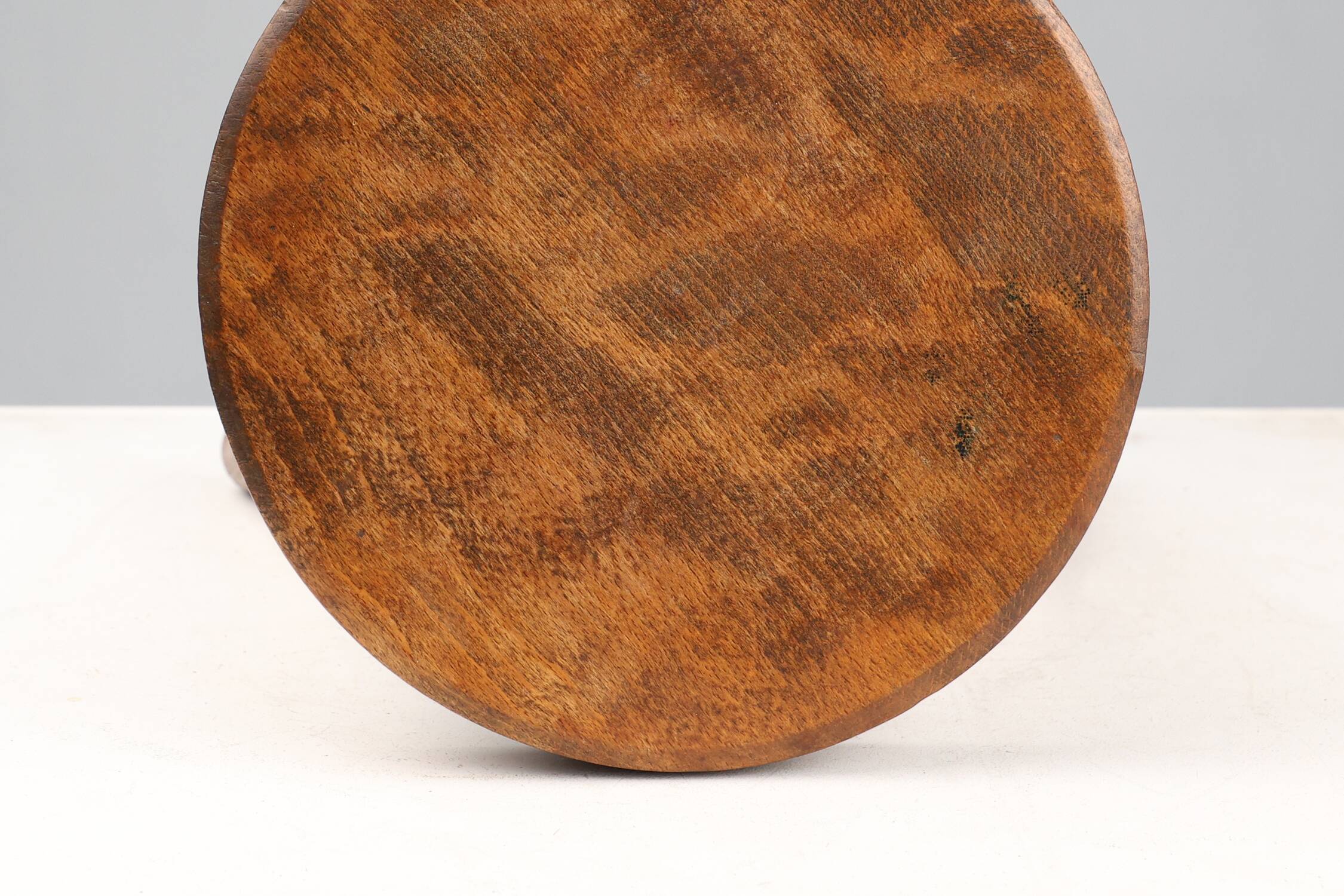 French hand crafted brutalist rustic low tripod stool in solid wood