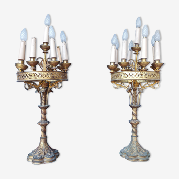Pair of girandole lamps in bronze and brass