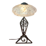 1930 wrought iron lamp, opaline lampshade, Clichy, very beautiful, 39x20
