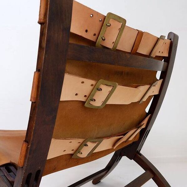 Fauteuil pliant en cuir et bois du milieu du siècle, années 1950