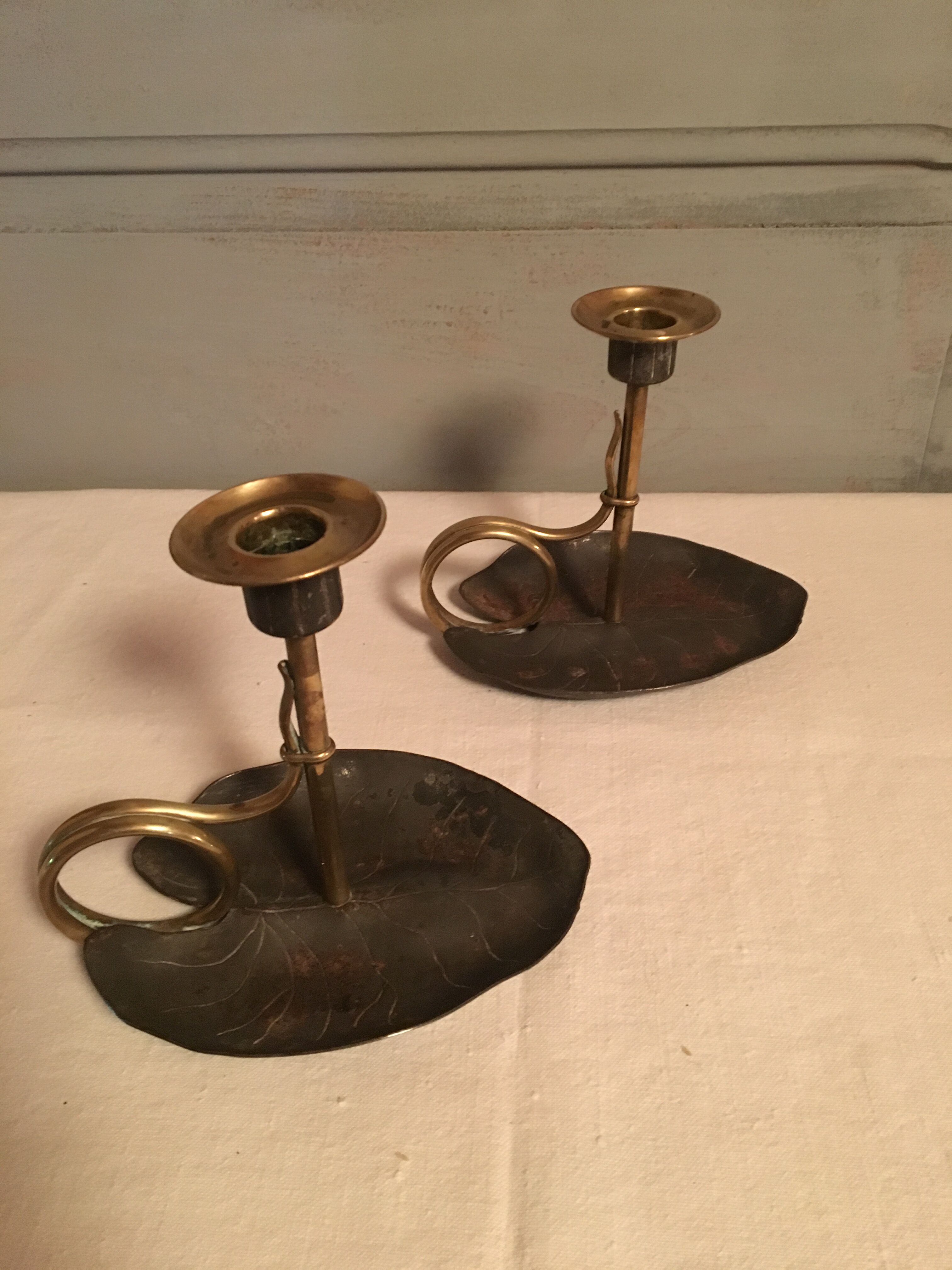 Pair of Art Nouveau-style "water lily" candlesticks