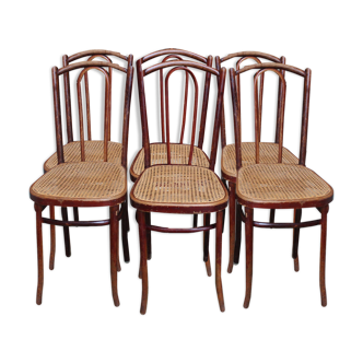 Série de 6 chaises bistrot Kohn bois courbé et cannage
