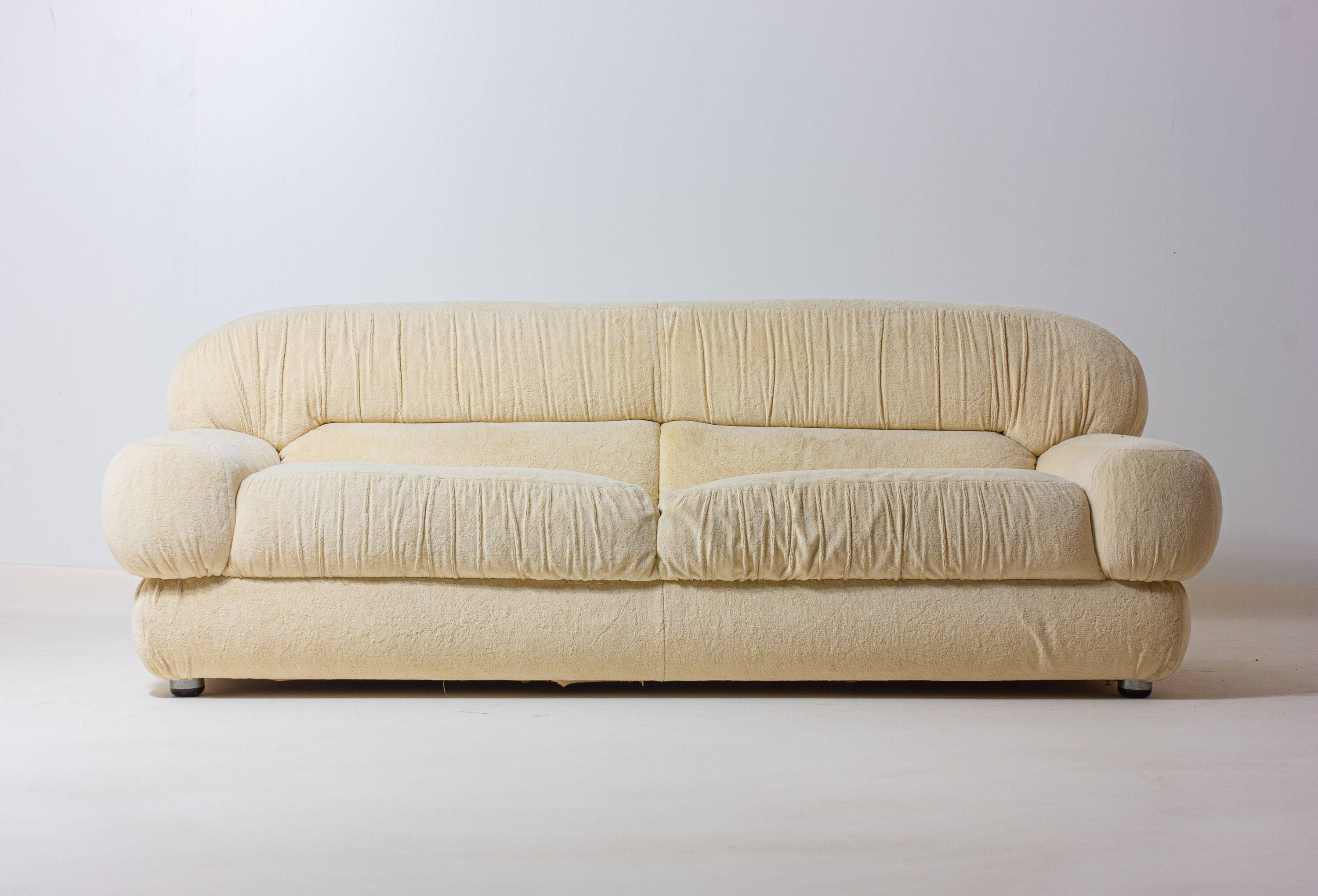 Luxurious plush 3-seater sofa in vanilla fabric, Italy 1970s