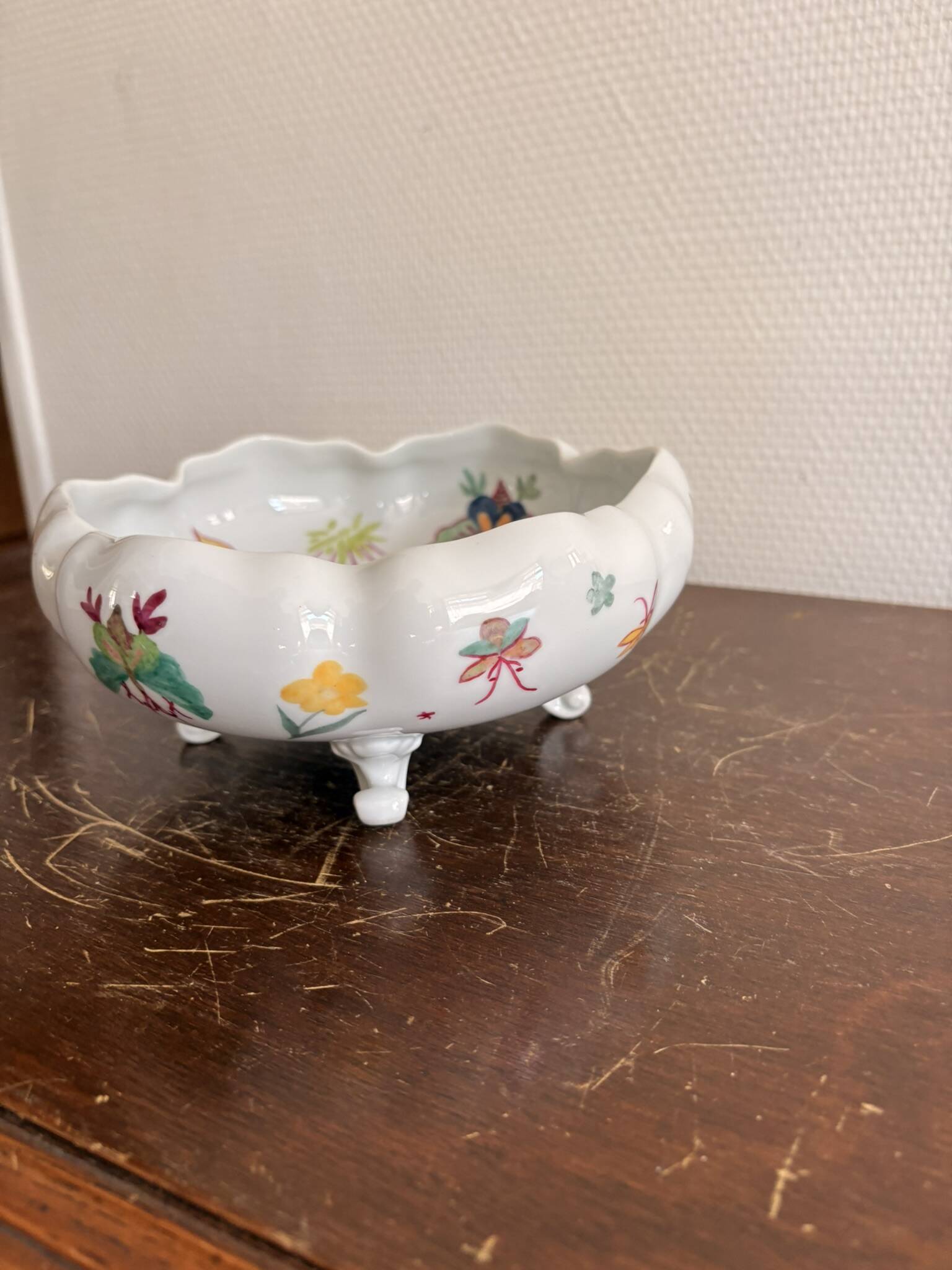 Old Tripod Pocket Bowl Limoges Floral Butterfly Decor Porcelain