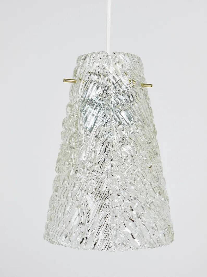 J.T. Kalmar Mid-Century Textured Glass & Brass Pendant Lamp, Austria, 1950s