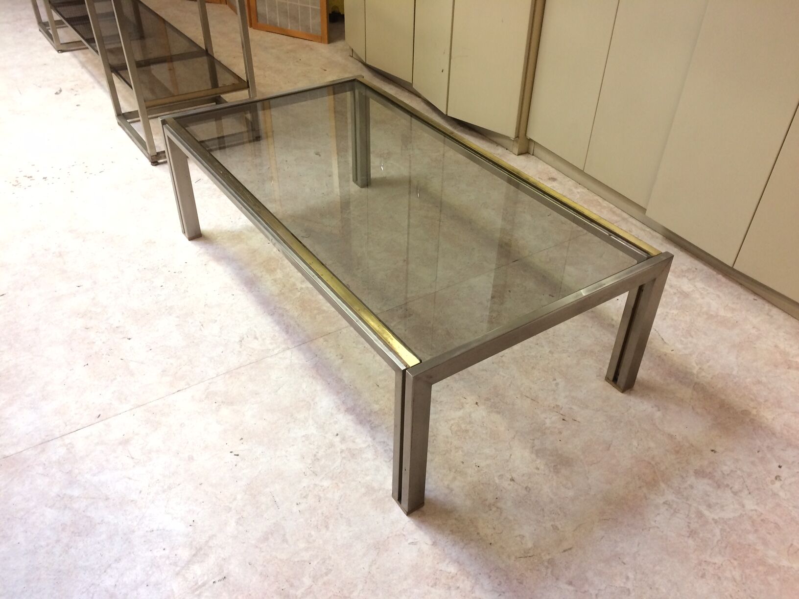 Coffee table with square tubular structure and smoked glass - 1970
