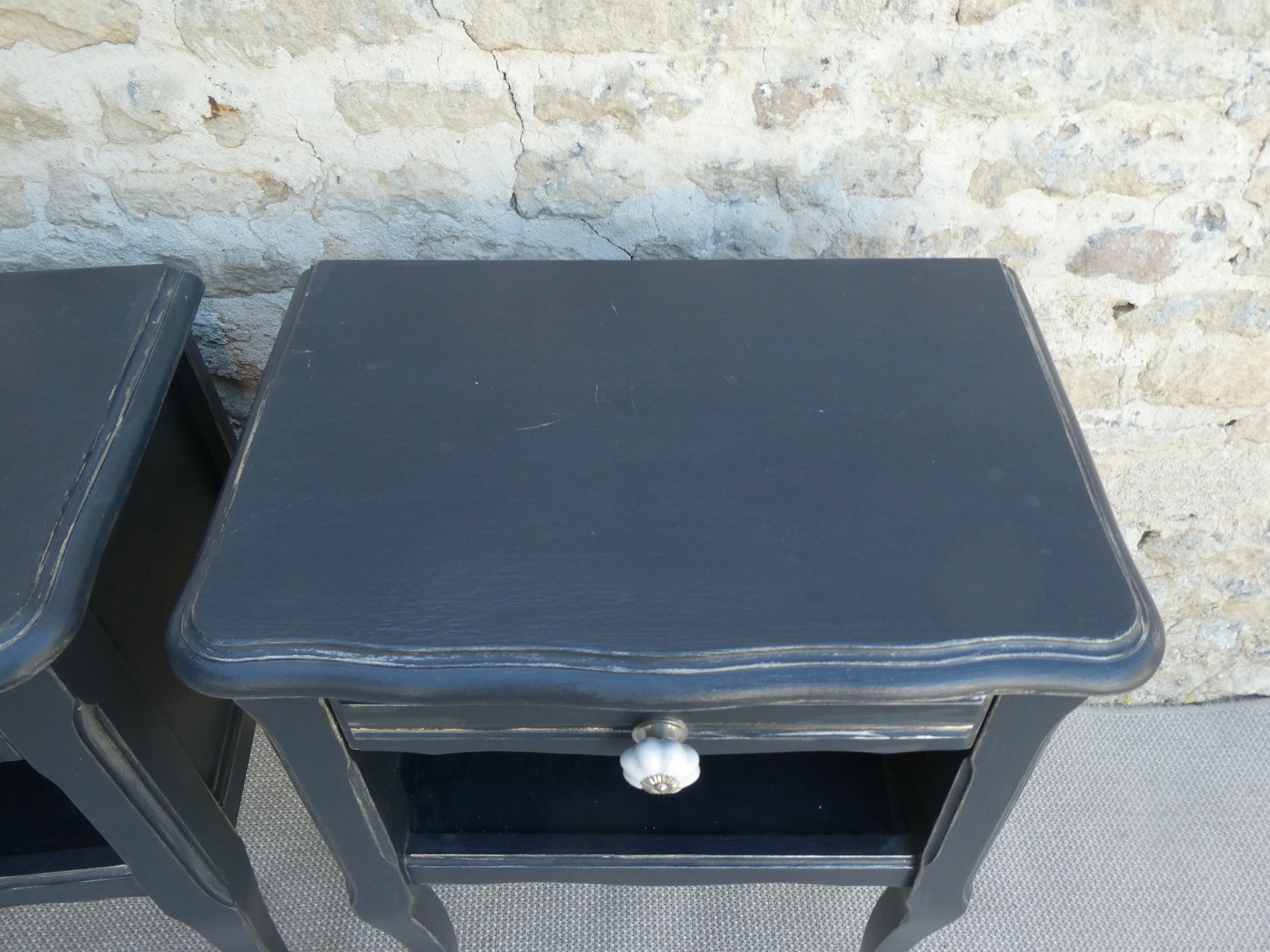 Pair of wooden bedside tables, gray patina