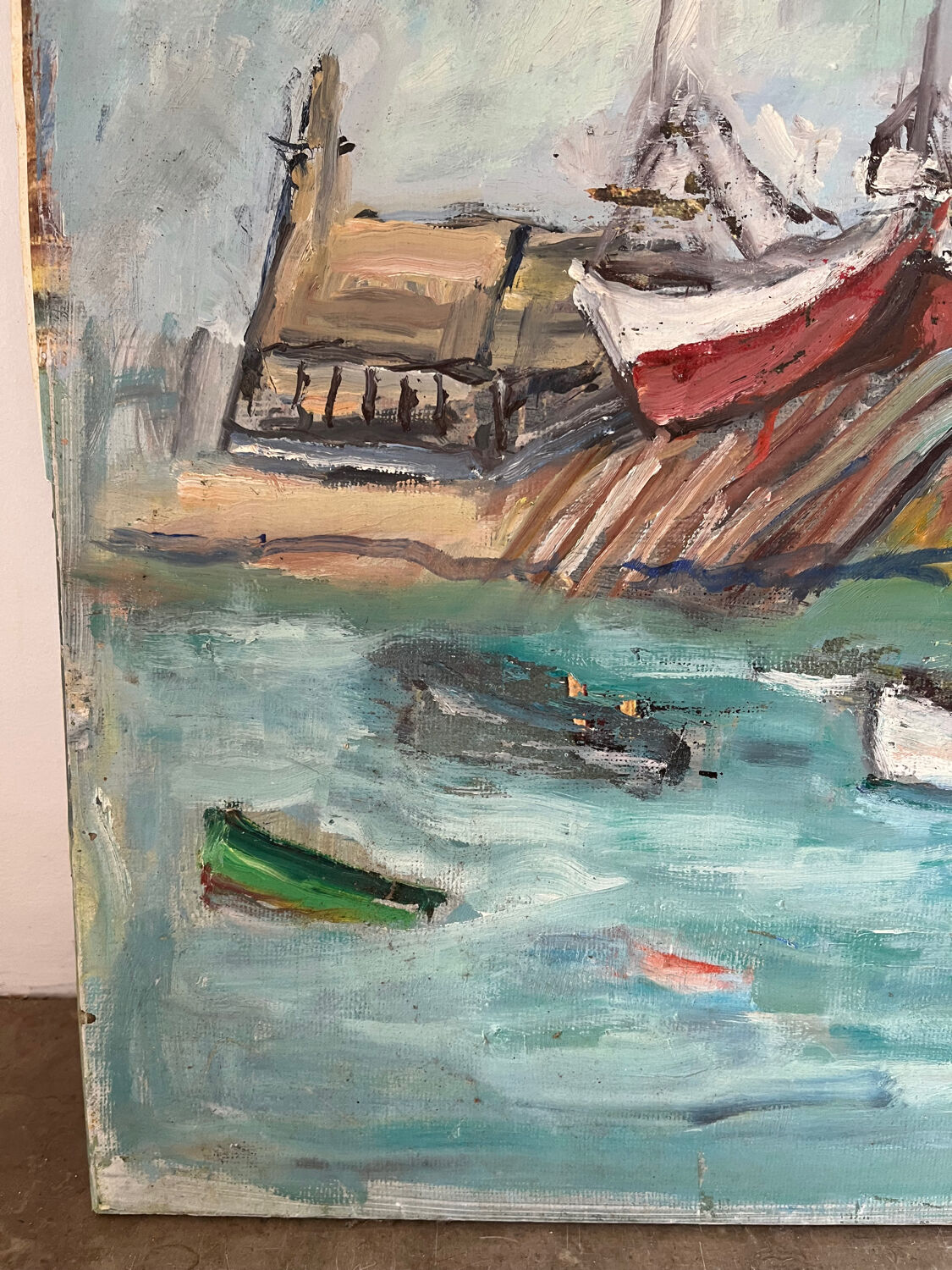 Boats in the harbor, oil on panel