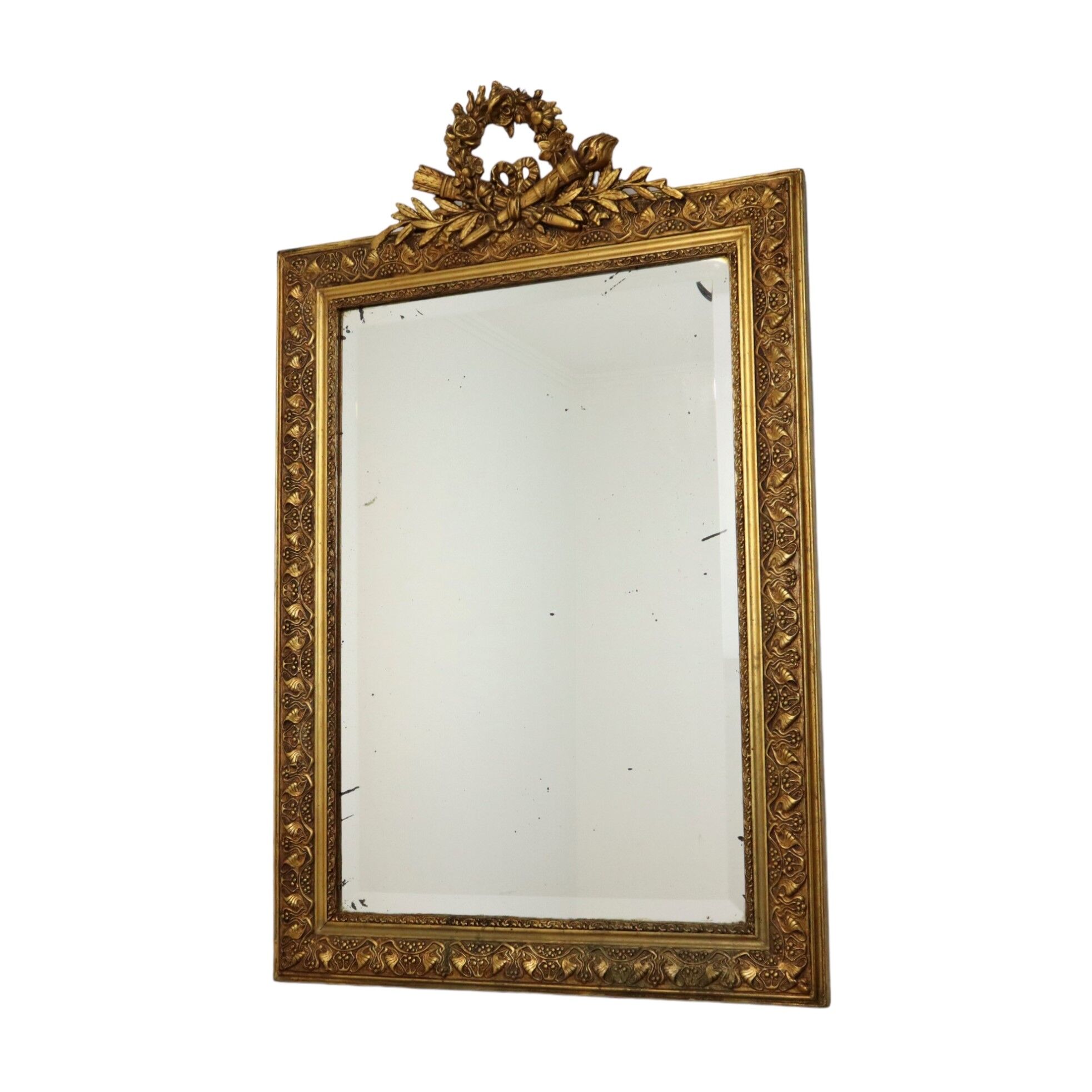 Antique french neoclassical gold mirror with crown pine wood 117cm