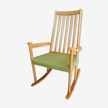 Rocking-chair en hêtre et tissu vert des années 1960