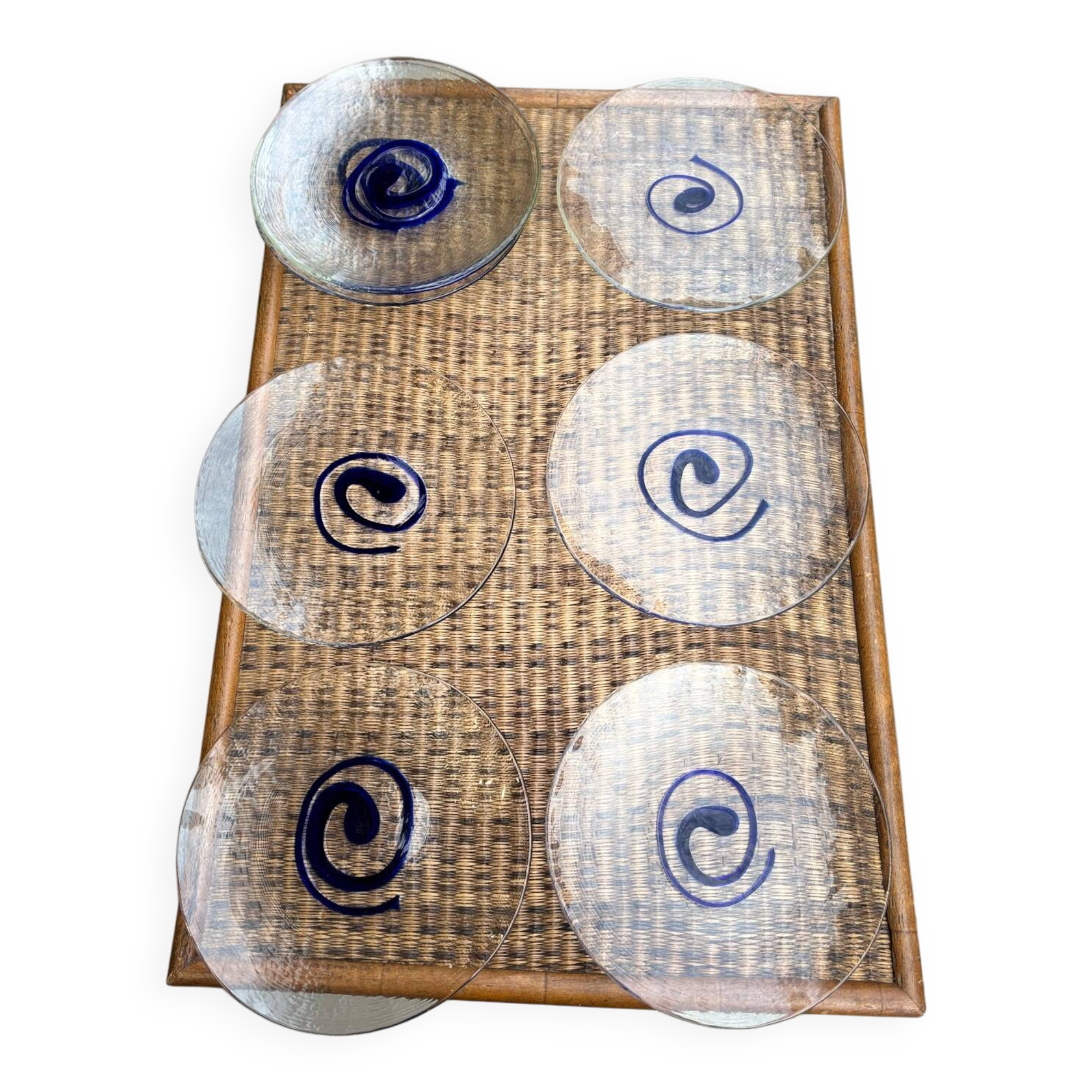 8 vintage blown glass plates with swirl decoration