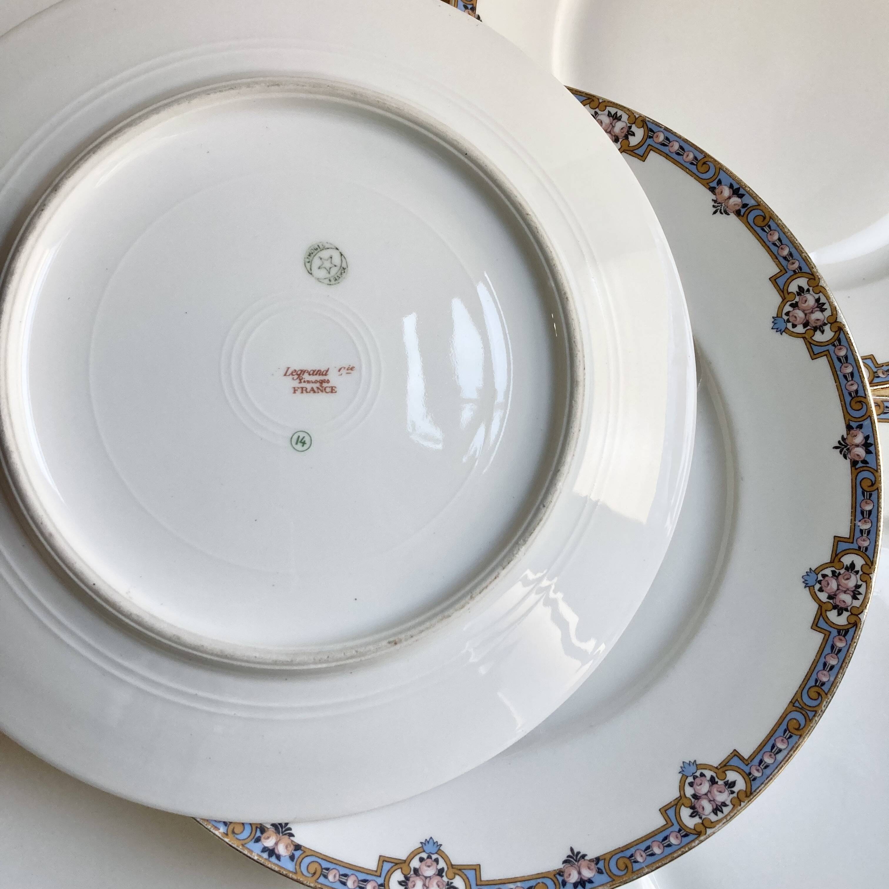 6 assiettes plates porcelaine fine F. Legrand 1920