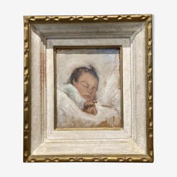 Old painting, sleeping baby portrait, art nouveau