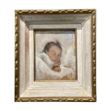 Tableau ancien, portrait bébé endormi, art nouveau