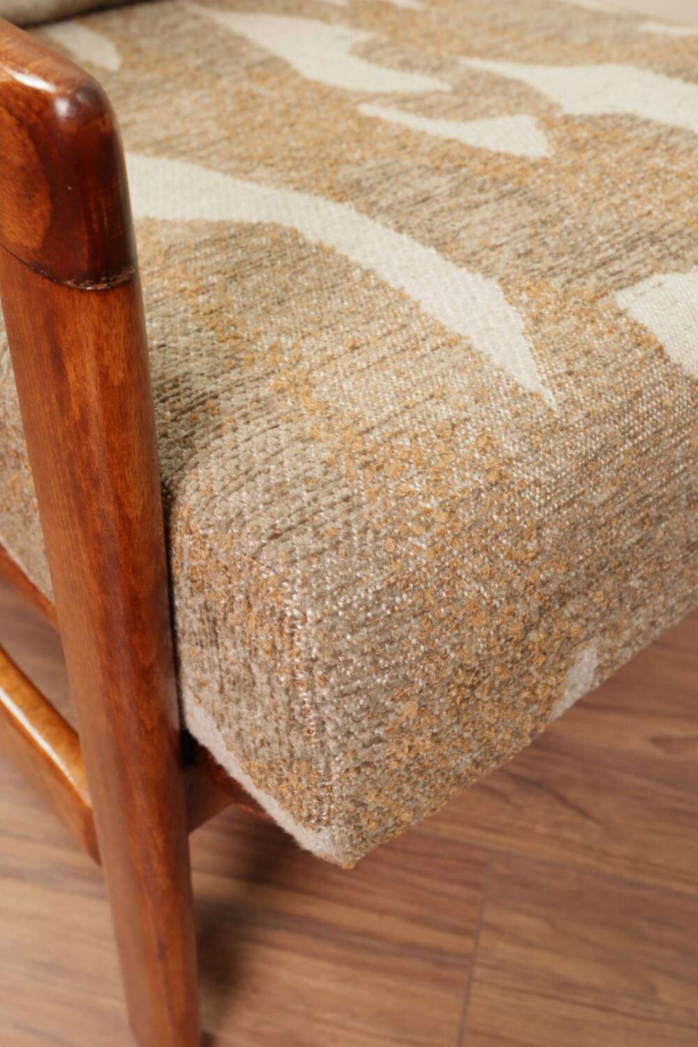 Vintage armchair in safari beige, 1965 mid-century modern design.