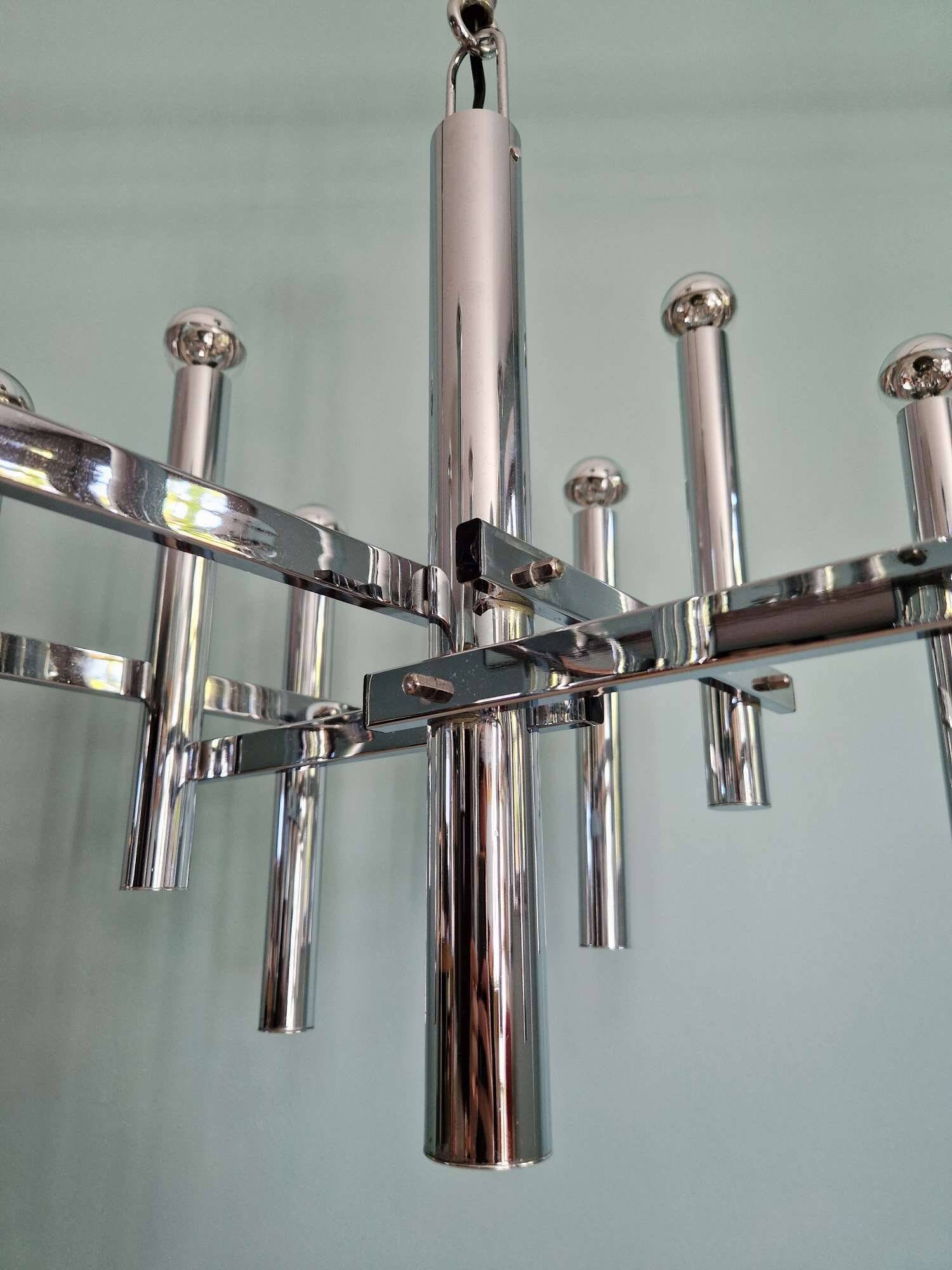 Large geometric chandelier in chromed metal, Massive, 1970