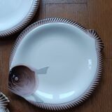 6 Longwy earthenware plates, Copenhagen model, in the shape of a fish