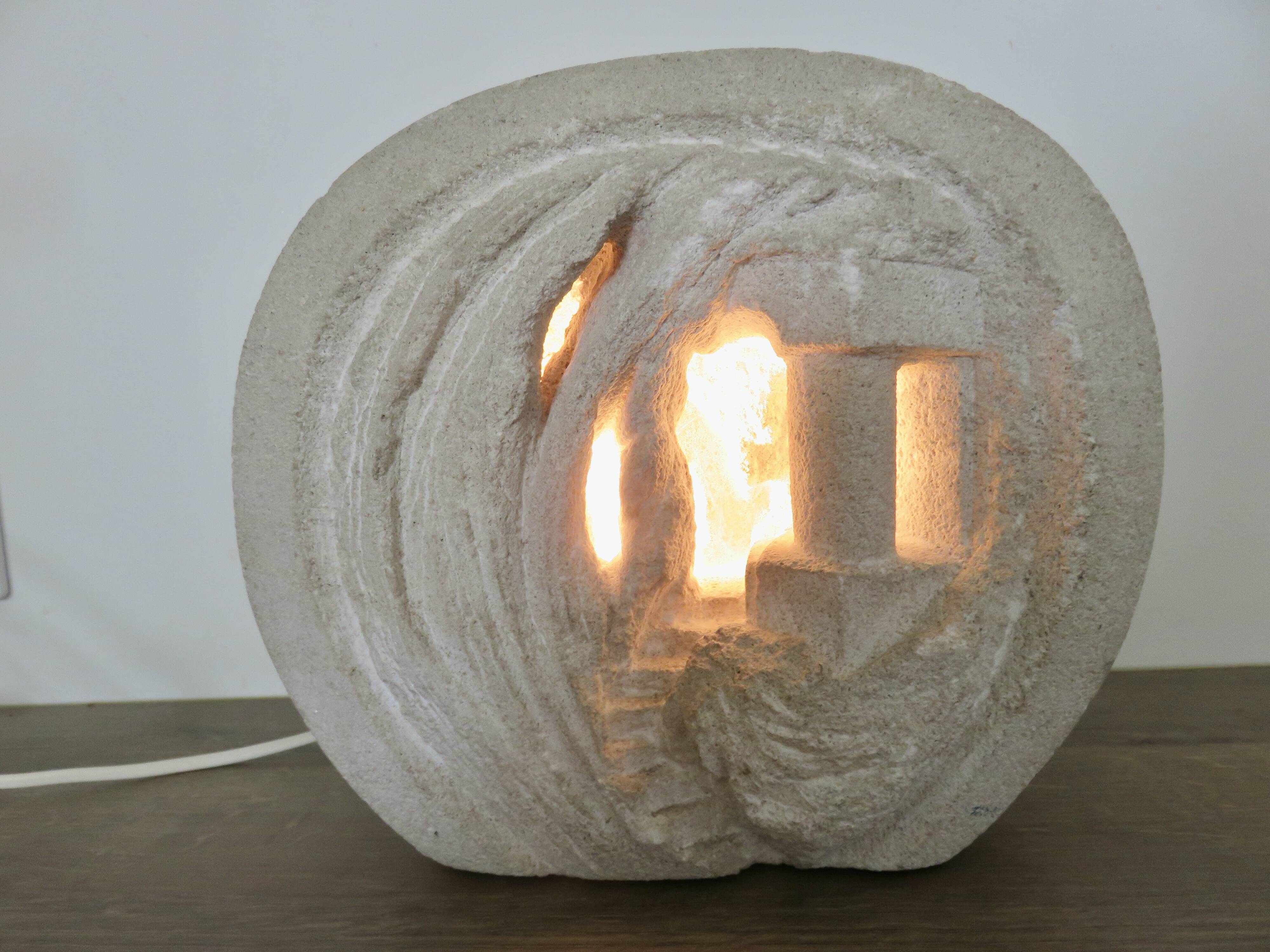 Stone lamp sculpture by Arsène Galisson, signed 1980.