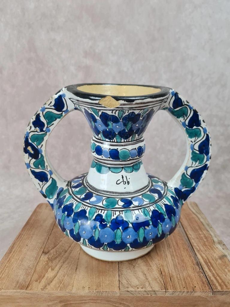 Artisanal Moroccan faience vase signed – blue & green decor
