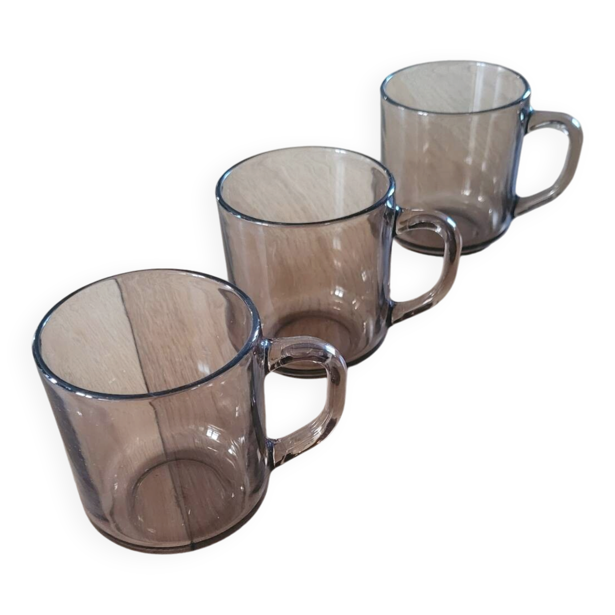 3 Arcoroc BP mugs in smoked glass