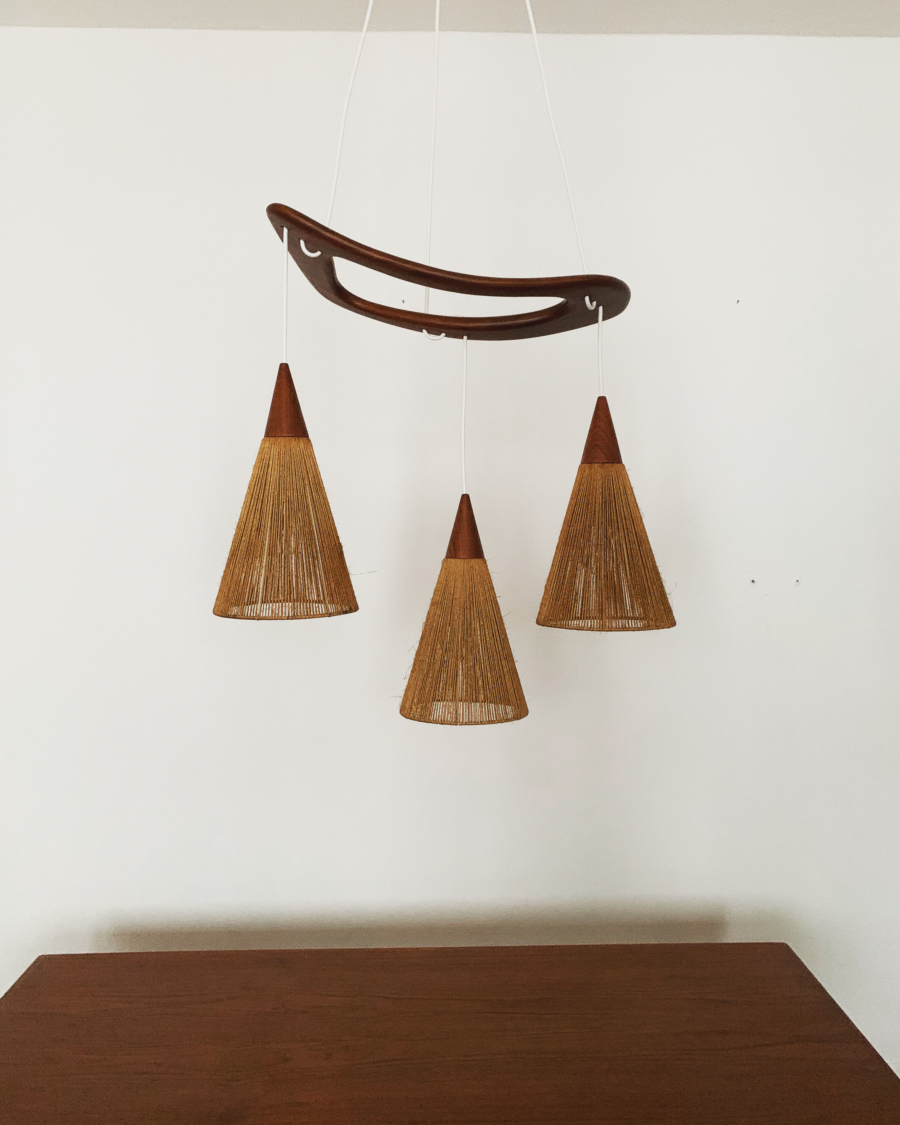 Teakwood and raffia bast cascading lamp by Rispal