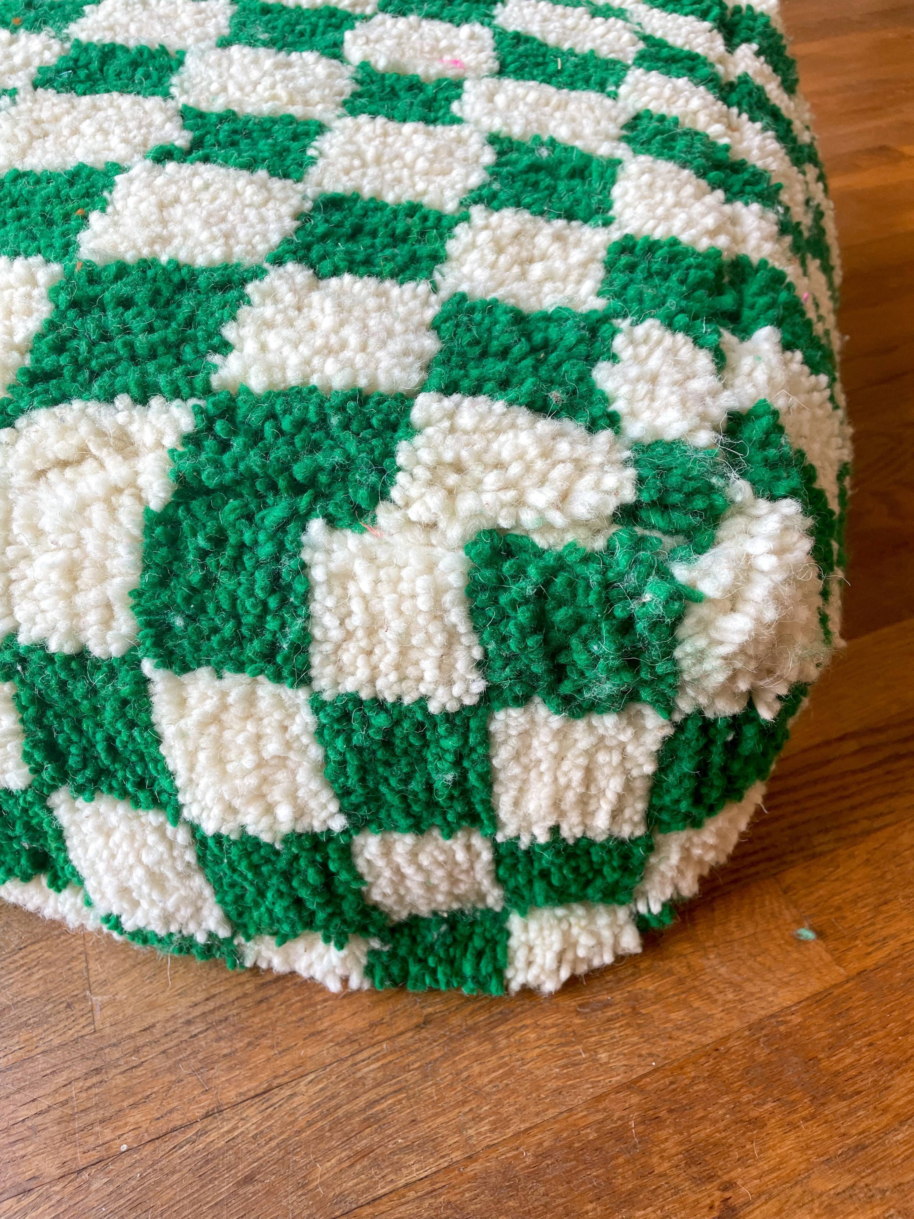 Moroccan Berber pouf with fir green and bohemian off-white checkered