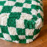 Moroccan Berber pouf with fir green and bohemian off-white checkered